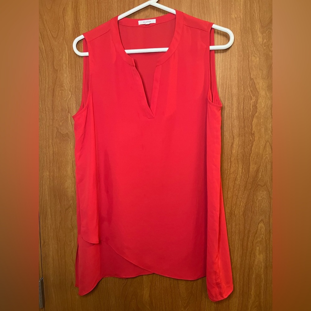 Pleione Womens Medium Blouse Shirt Top Short Sleeve Red V-Neck.